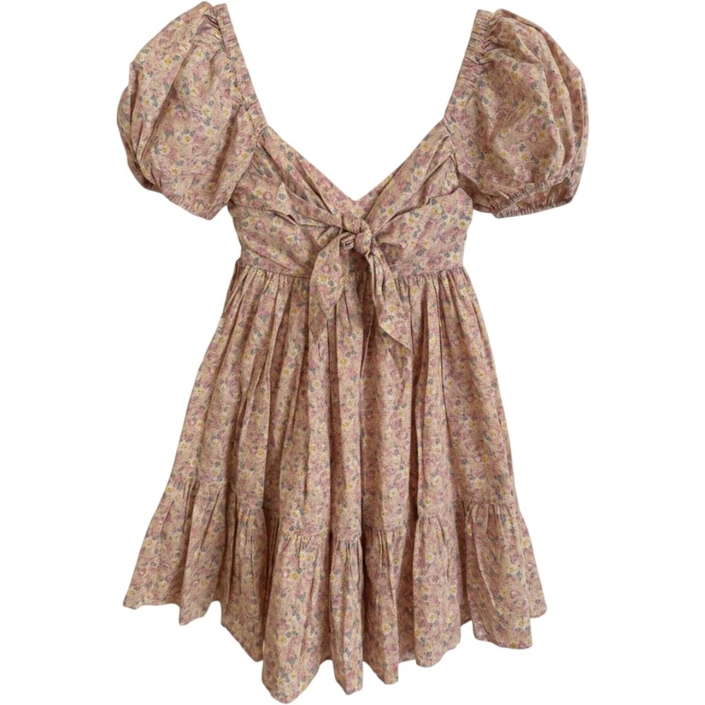 Mable Pink Floral Tie Front Puff Sleeve Smocked Mini Dress Small Smocked